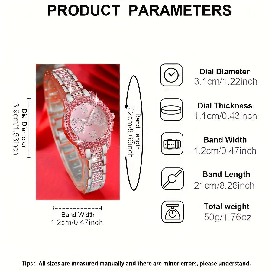 Fashion Watch and Jewelry Set 3Pcs - Rhinestone Ring Bracelet Watch Gift Set for Women, Elegant Pink Silver Quartz Watch with Matching Accessories, Ideal Birthday Gift