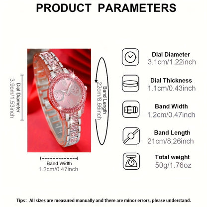 Fashion Watch and Jewelry Set 3Pcs - Rhinestone Ring Bracelet Watch Gift Set for Women, Elegant Pink Silver Quartz Watch with Matching Accessories, Ideal Birthday Gift