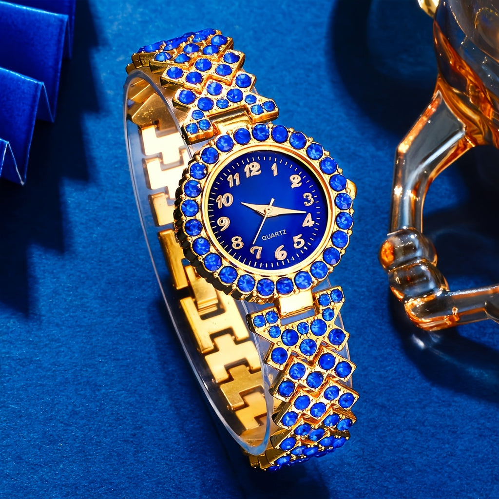 5pcs Elegant Women'S Light Luxury Fashion Quartz Watch And Blue Heart Accessory Set for Party, Valentine'S Day, Mother'S Day, Birthday, Christmas Gift for Mom, Gift for Friends