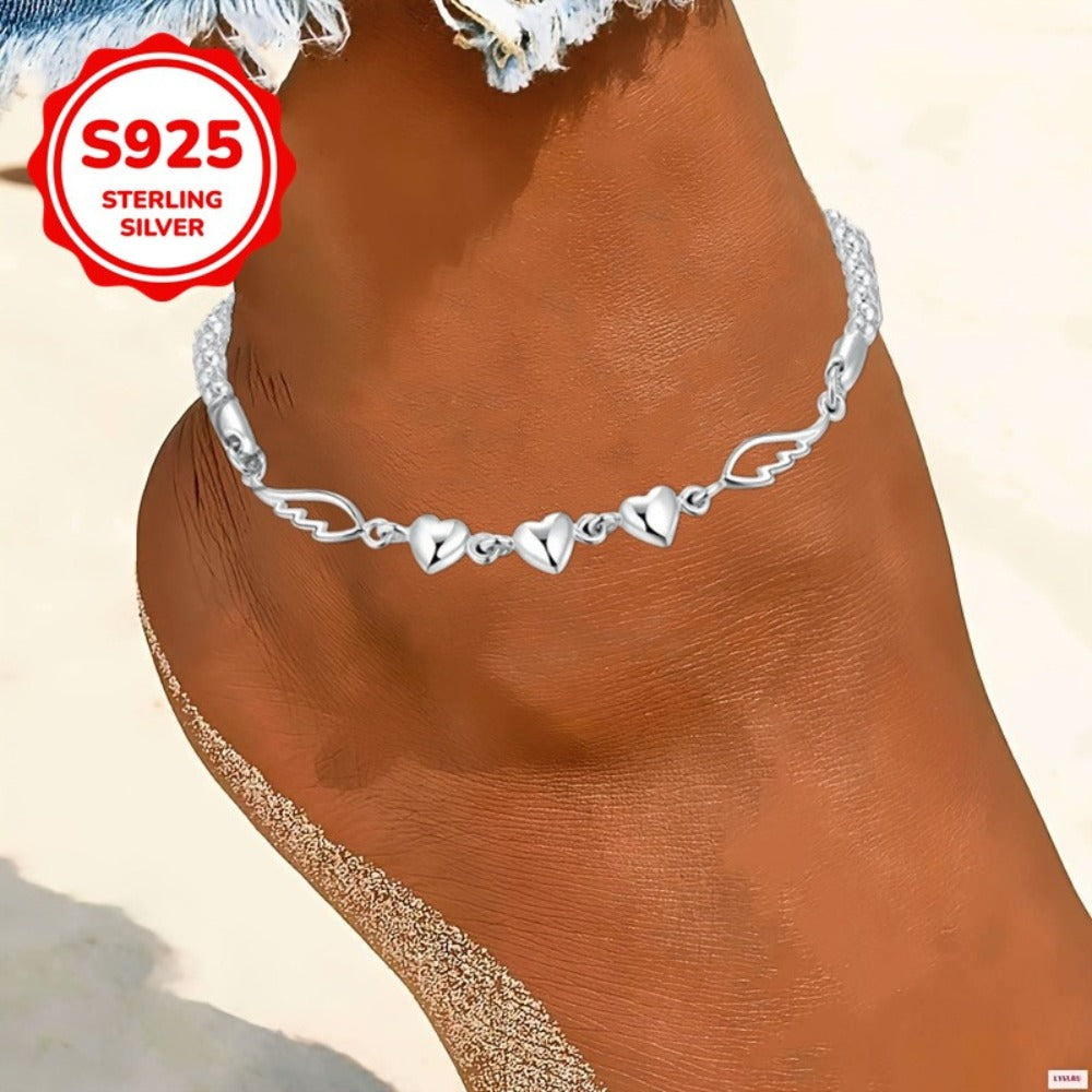 Anklet for Women - 925 Sterling Silver Angel Wings for - Love Heart Chain Ankle Bracelet - product detail view 2