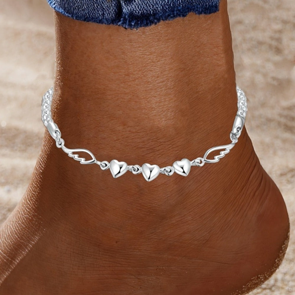 Anklet for Women - 925 Sterling Silver Angel Wings for - Love Heart Chain Ankle Bracelet - product detail view 4