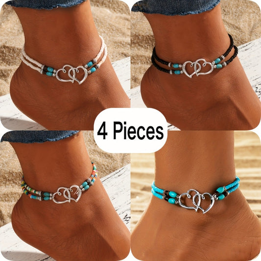 Anklet for Women - Beaded and Bracelet Set 4Pcs for - Multicolor Seed Bead Double Heart Boho - main product view