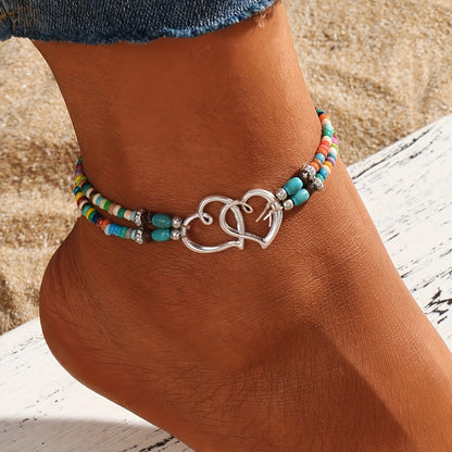 Anklet for Women - Beaded and Bracelet Set 4Pcs for - Multicolor Seed Bead Double Heart Boho - product detail view 3