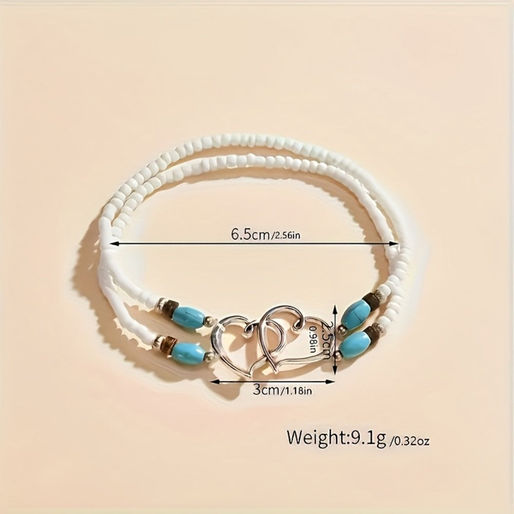 Anklet for Women - Beaded and Bracelet Set 4Pcs for - Multicolor Seed Bead Double Heart Boho - product detail view 4