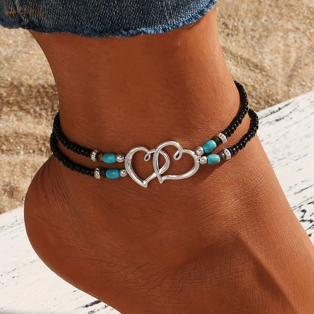 Anklet for Women - Beaded and Bracelet Set 4Pcs for - Multicolor Seed Bead Double Heart Boho - product detail view 6