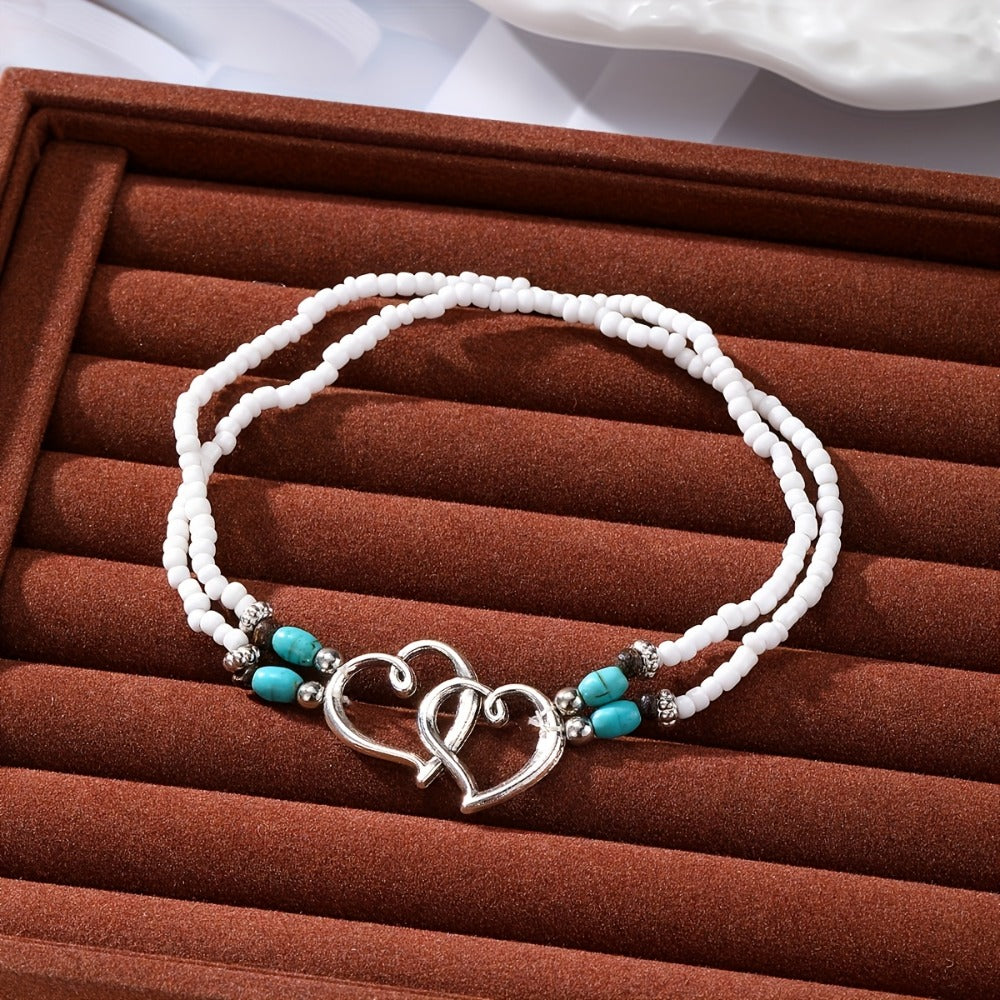 Anklet for Women - Beaded and Bracelet Set 4Pcs for - Multicolor Seed Bead Double Heart Boho - product detail view 7