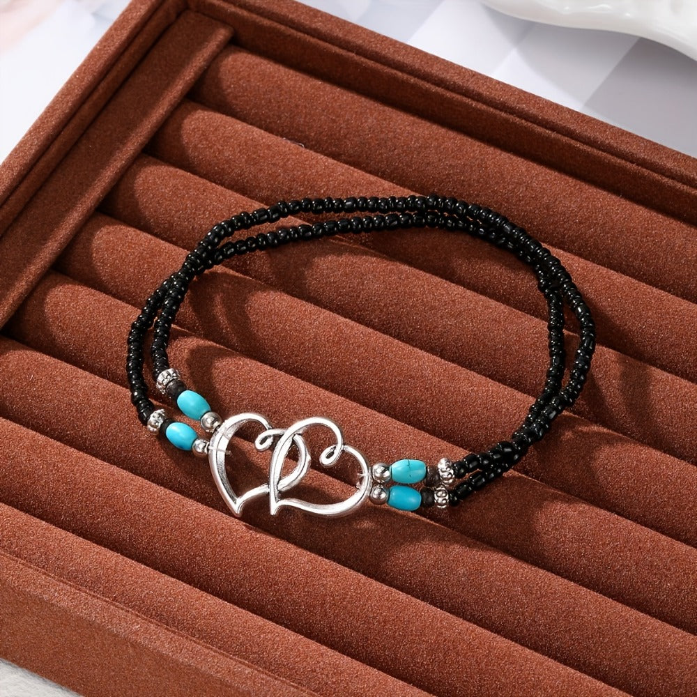 Anklet for Women - Beaded and Bracelet Set 4Pcs for - Multicolor Seed Bead Double Heart Boho - product detail view 8
