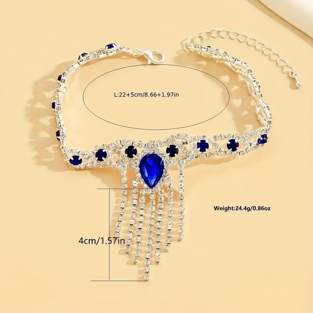 Anklet for Women - for Blue Rhinestone Sparkling Tassel Ankle Chain Bracelet Elegant Luxury - product detail view 4