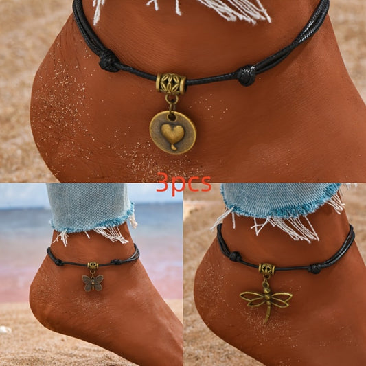 Anklet for Women - Boho Leather Woven Set 3 Pieces Dragonfly Butterfly Love Pendant - main product view
