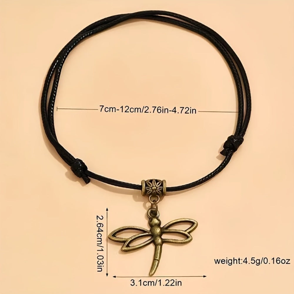 Anklet for Women - Boho Leather Woven Set 3 Pieces Dragonfly Butterfly Love Pendant - product detail view 5