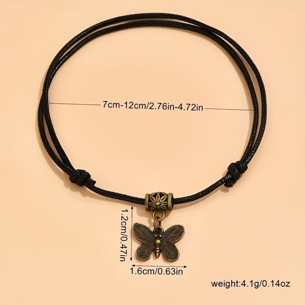 Anklet for Women - Boho Leather Woven Set 3 Pieces Dragonfly Butterfly Love Pendant - product detail view 6
