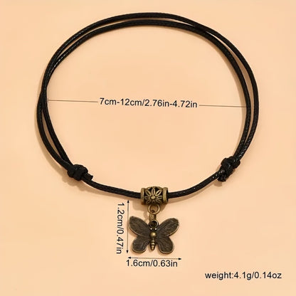 Anklet for Women - Boho Leather Woven Set 3 Pieces Dragonfly Butterfly Love Pendant - product detail view 6