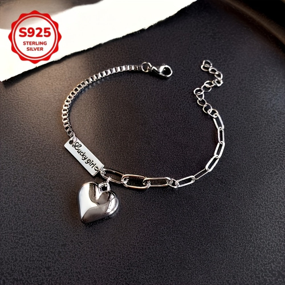 Anklet for Women - and Bracelet Set 925 Sterling Silver Heart Charm Lucky Tag Ankle Bracelet - product detail view 2