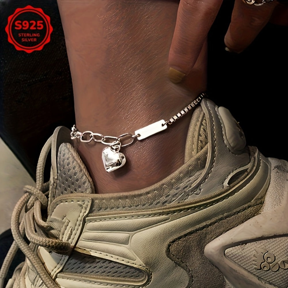 Anklet for Women - and Bracelet Set 925 Sterling Silver Heart Charm Lucky Tag Ankle Bracelet - product detail view 4