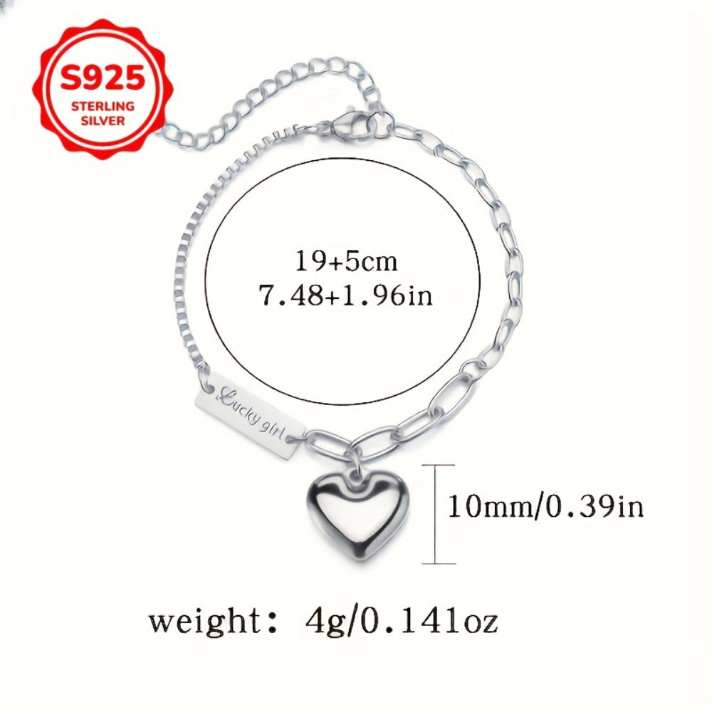 Anklet for Women - and Bracelet Set 925 Sterling Silver Heart Charm Lucky Tag Ankle Bracelet - product detail view 5