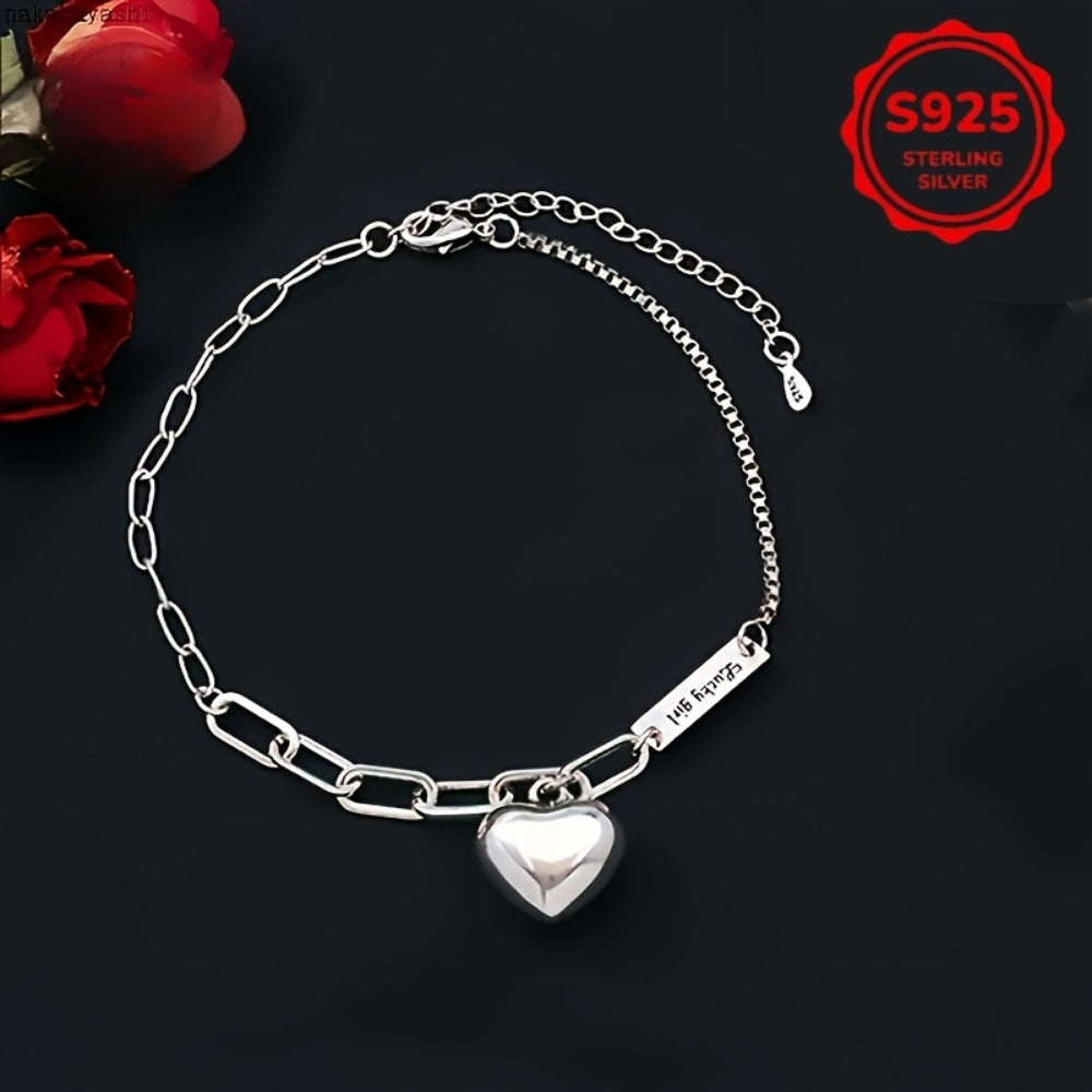 Anklet for Women - and Bracelet Set 925 Sterling Silver Heart Charm Lucky Tag Ankle Bracelet - product detail view 6