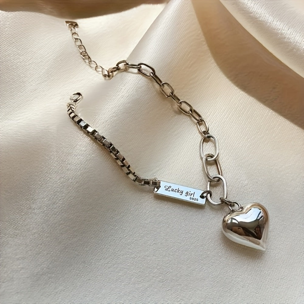 Anklet for Women - and Bracelet Set 925 Sterling Silver Heart Charm Lucky Tag Ankle Bracelet - product detail view 7