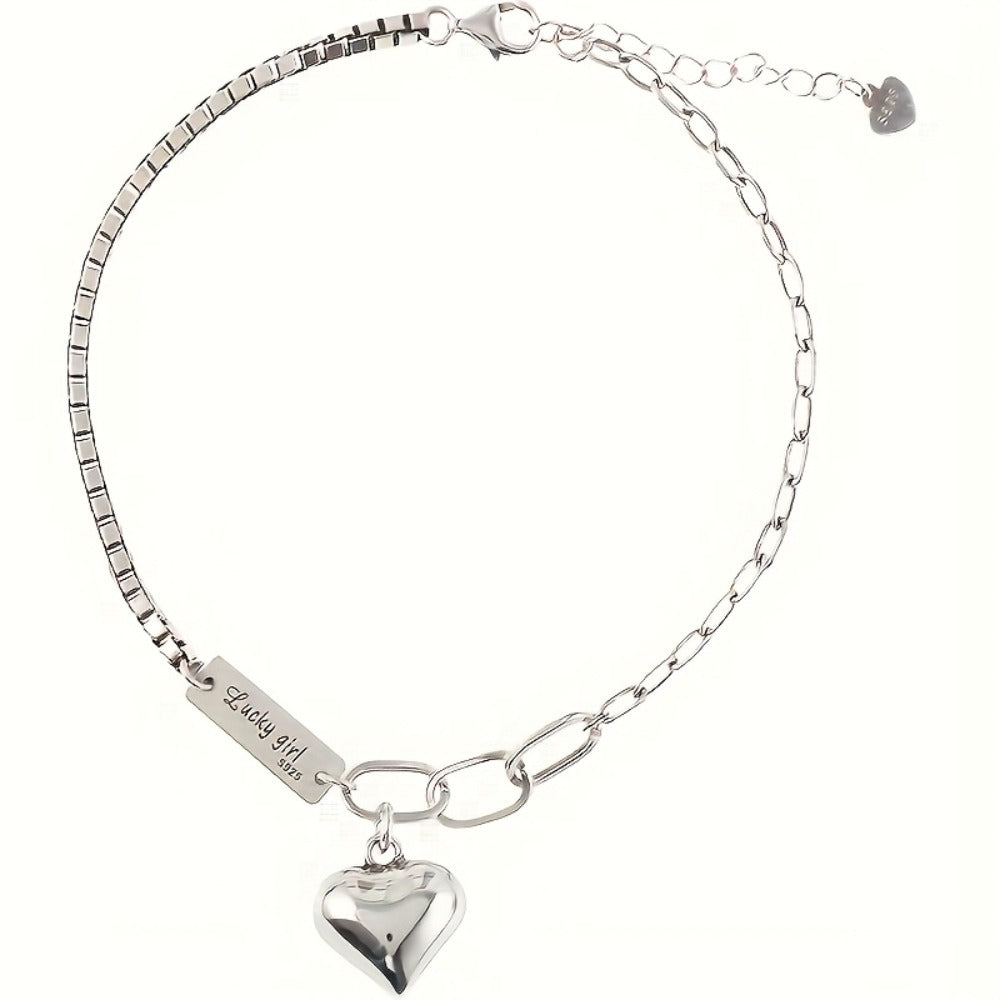 Anklet for Women - and Bracelet Set 925 Sterling Silver Heart Charm Lucky Tag Ankle Bracelet - product detail view 8