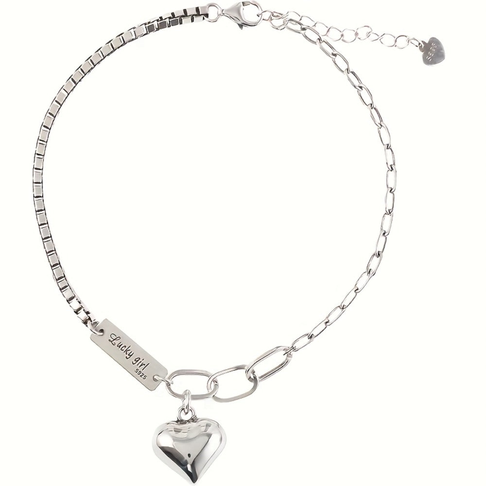 Anklet for Women - and Bracelet Set 925 Sterling Silver Heart Charm Lucky Tag Ankle Bracelet - product detail view 11