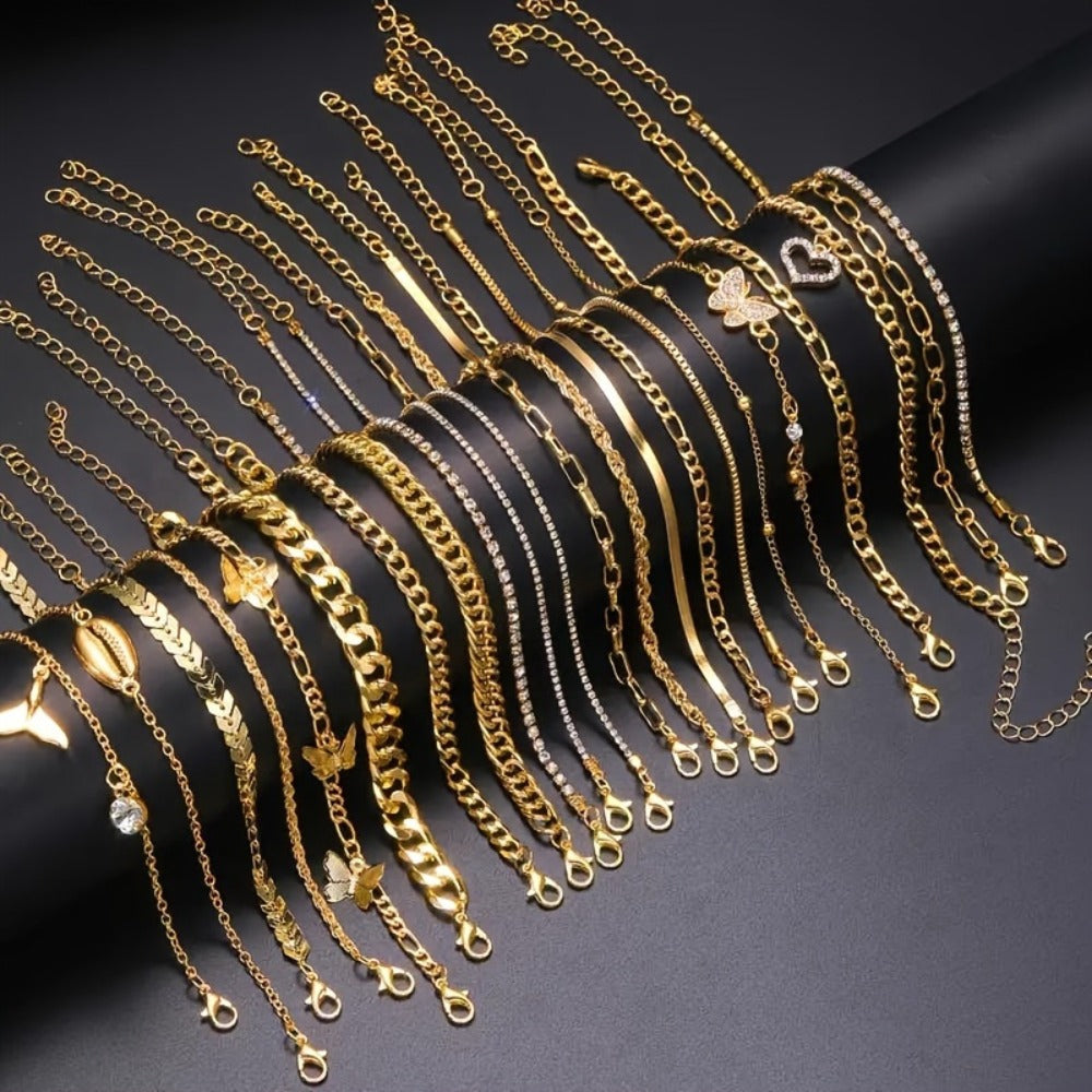 Anklet for Women - Butterfly Set 22 Pieces Layered Metal Ankle Chain Bracelet for Girls, Boho - product detail view 14