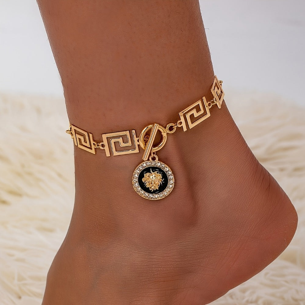 Anklet for Women - Lion Head for Boho Gold Stainless Steel Ankle Chain with Black Accent - product detail view 2