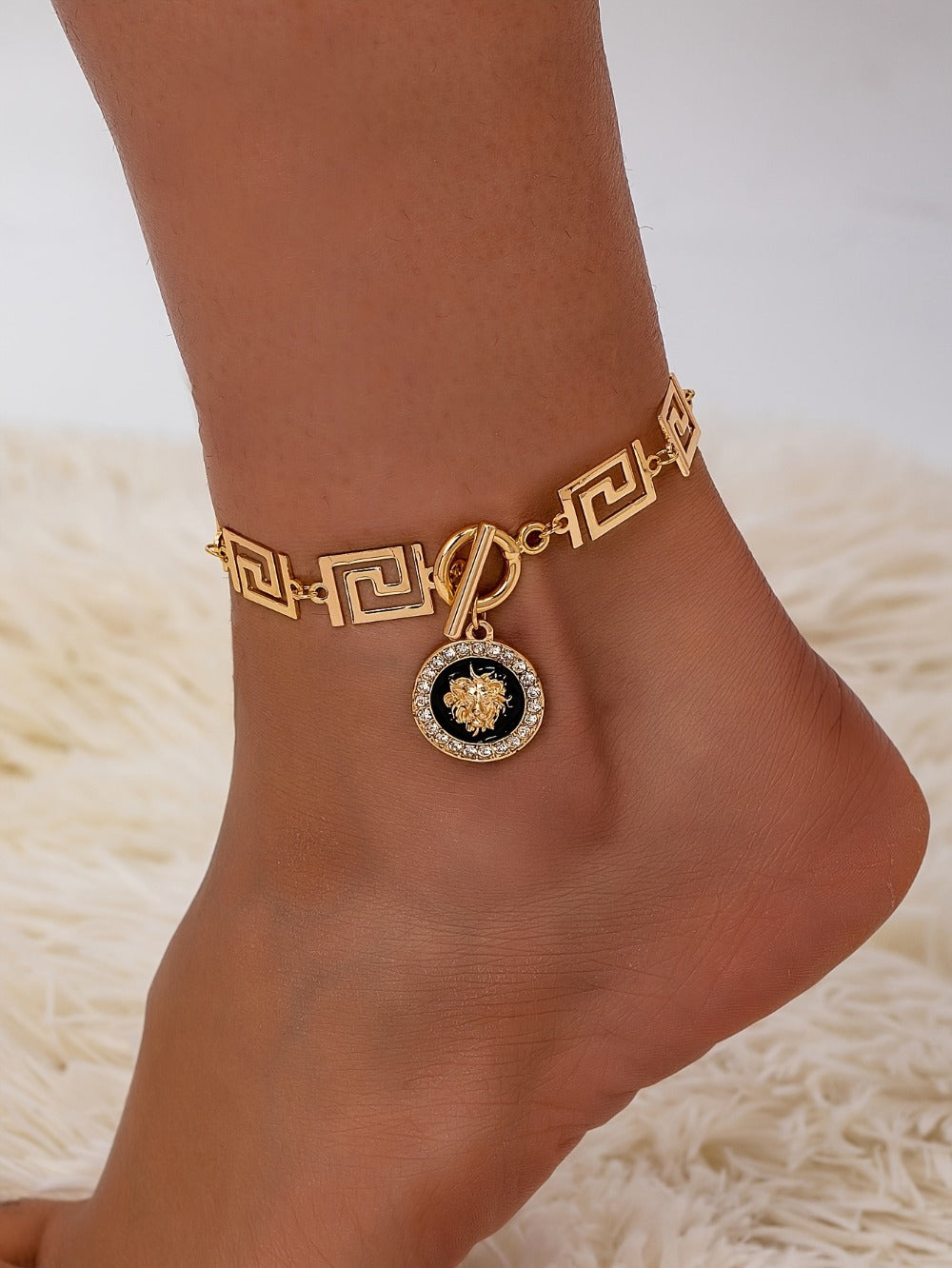 Anklet for Women - Lion Head for Boho Gold Stainless Steel Ankle Chain with Black Accent - product detail view 8