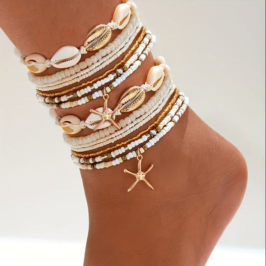 Anklet for Women - Set for 14Pcs - Boho Beach Shell Starfish Rice Bead Ankle Bracelets - main product view