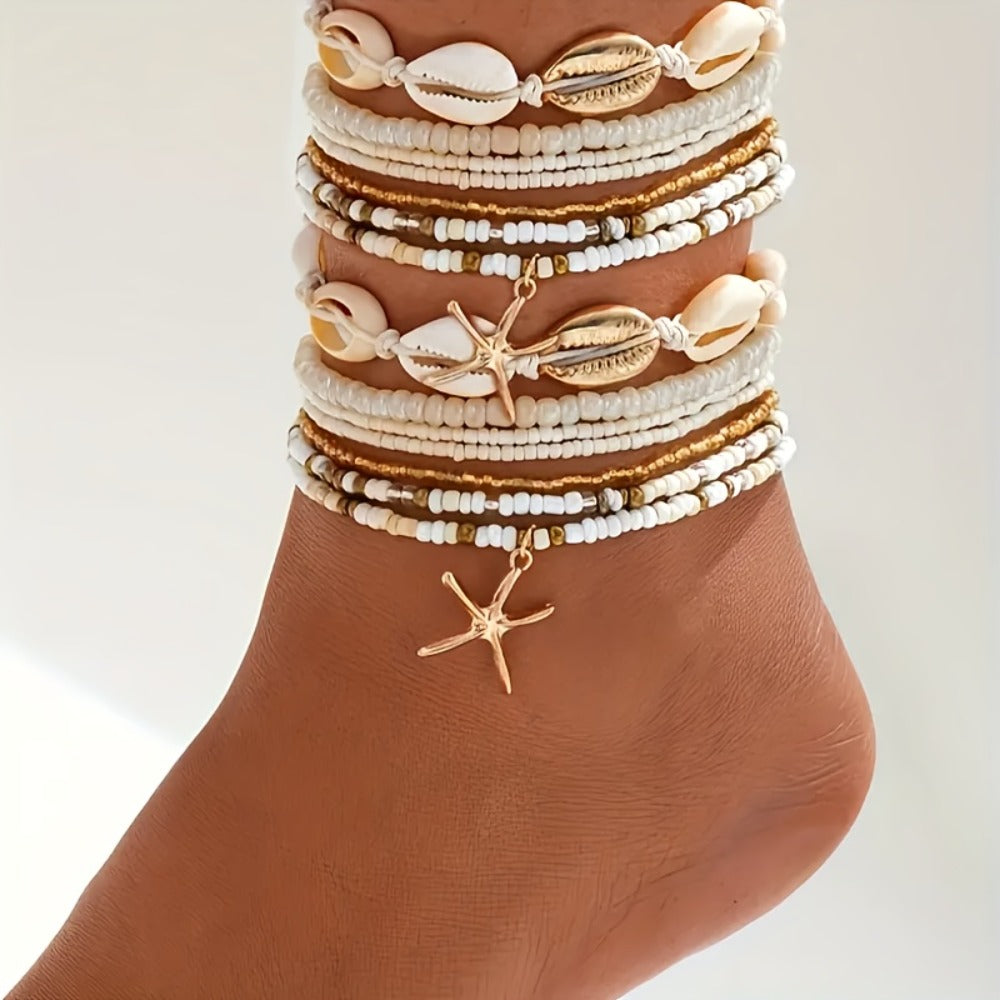 Anklet for Women - Set for 14Pcs - Boho Beach Shell Starfish Rice Bead Ankle Bracelets - product detail view 2