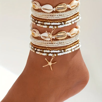 Anklet for Women - Set for 14Pcs - Boho Beach Shell Starfish Rice Bead Ankle Bracelets - product detail view 2