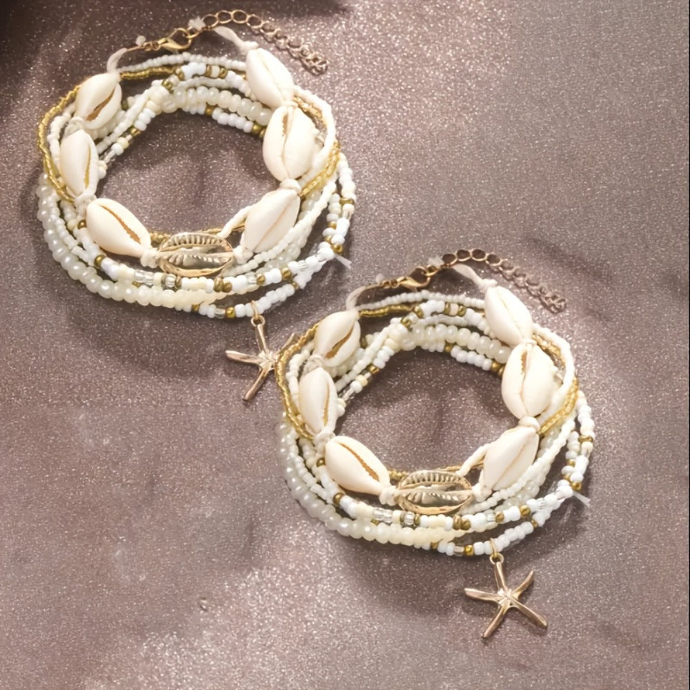Anklet for Women - Set for 14Pcs - Boho Beach Shell Starfish Rice Bead Ankle Bracelets - product detail view 3