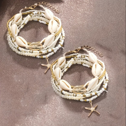 Anklet for Women - Set for 14Pcs - Boho Beach Shell Starfish Rice Bead Ankle Bracelets - product detail view 3