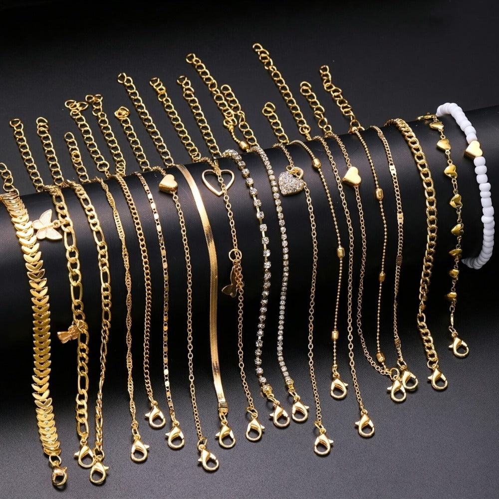 Anklet for Women - Set 20 Pieces for - Boho Butterfly, Heart & Rhinestone Layered Ankle - product detail view 2