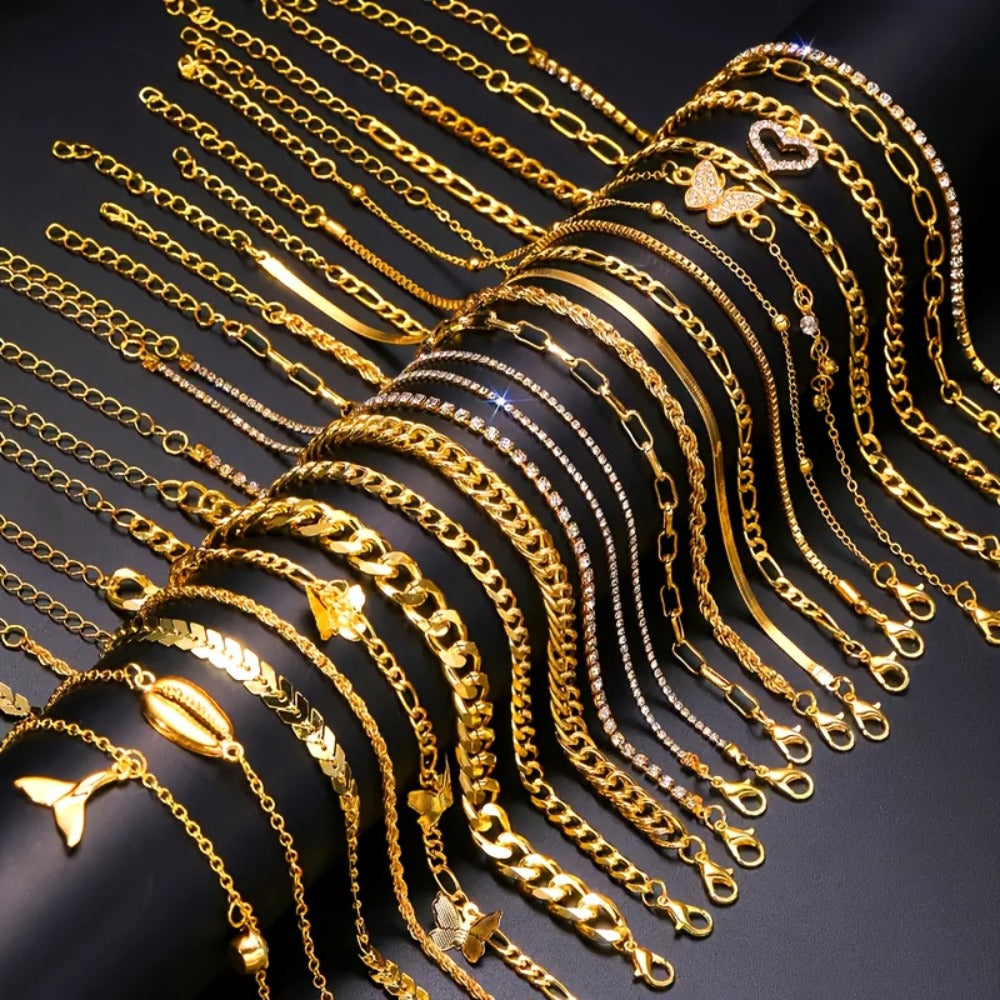 Anklet for Women - Set 22 Pcs Gold Layered Stackable for Rhinestone Butterfly Heart Geometric - main product view