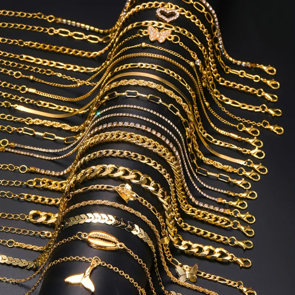 Anklet for Women - Set 22 Pcs Gold Layered Stackable for Rhinestone Butterfly Heart Geometric - product detail view 2