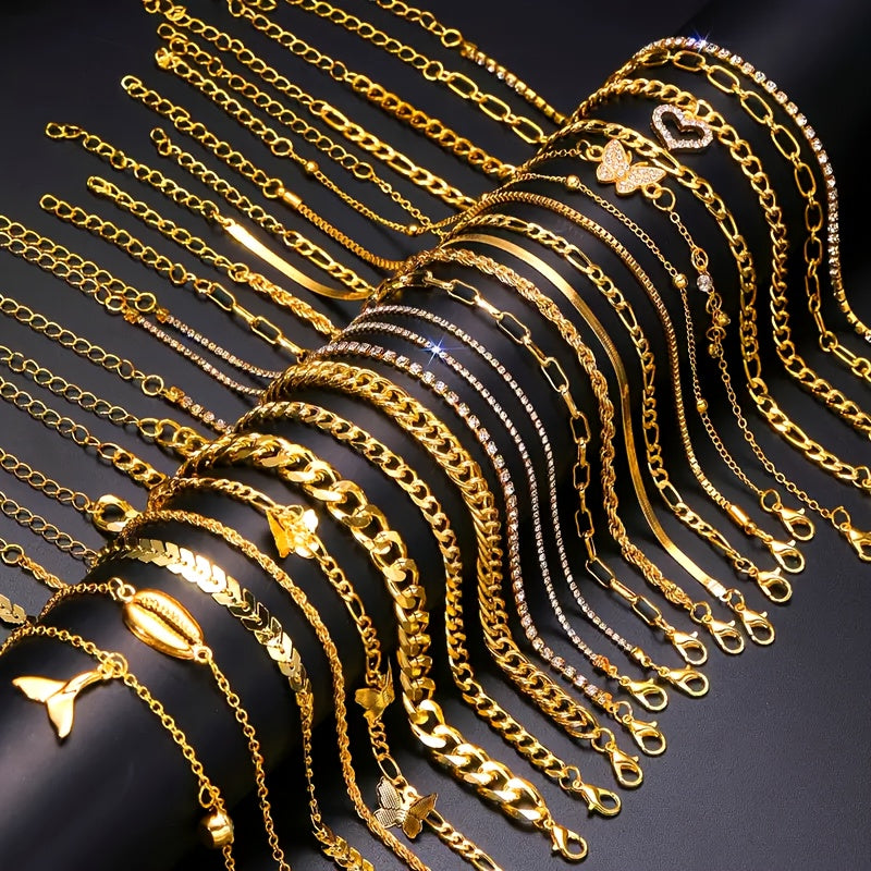 Anklet for Women - Set 22 Pcs Gold Layered Stackable for Rhinestone Butterfly Heart Geometric - product detail view 8