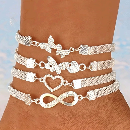 Anklet for Women - Set for 4pcs 925 Sterling Silver Infinity Symbol Love Butterfly Foot - main product view