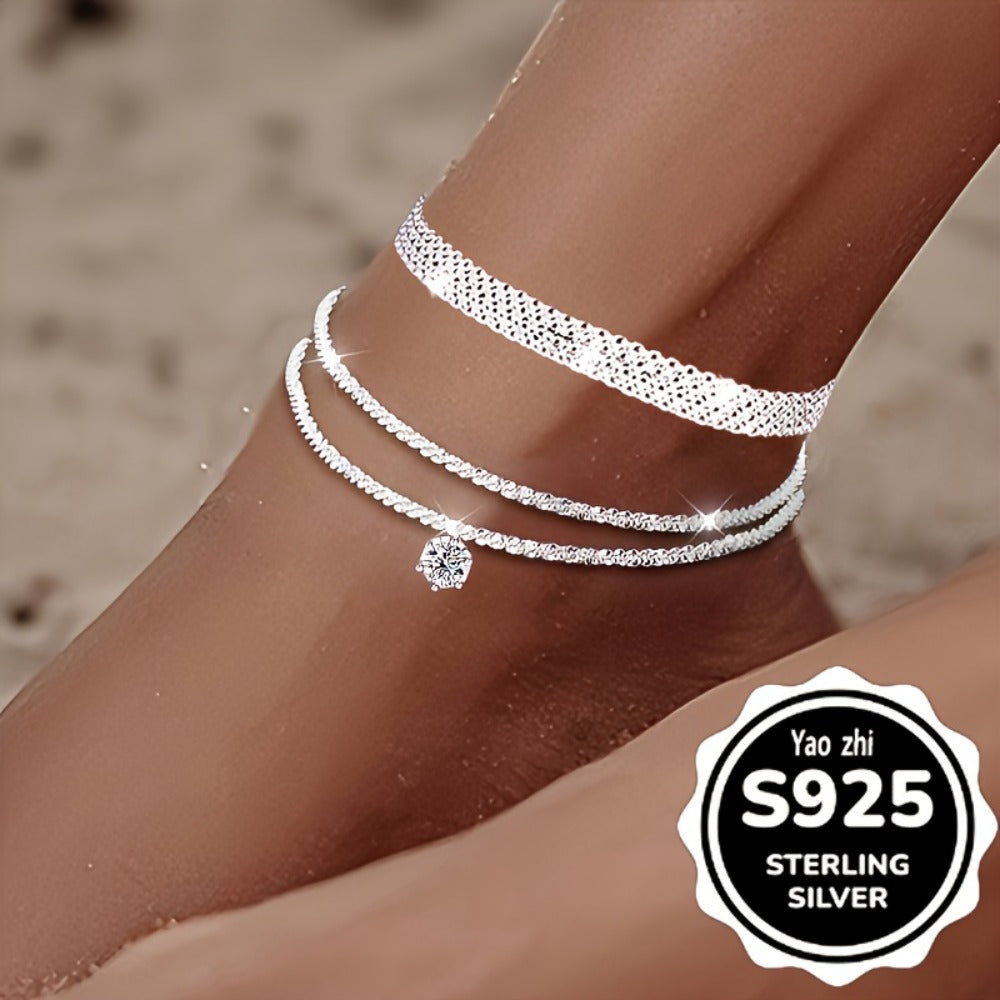 Anklet for Women - Sterling Silver Set for - 3Pcs Sparkling Zirconia Wave & Braided Chain - main product view