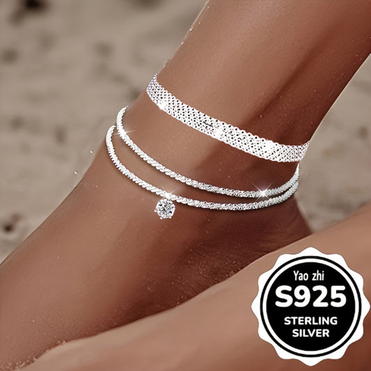 Anklet for Women - Sterling Silver Set for - 3Pcs Sparkling Zirconia Wave & Braided Chain - main product view