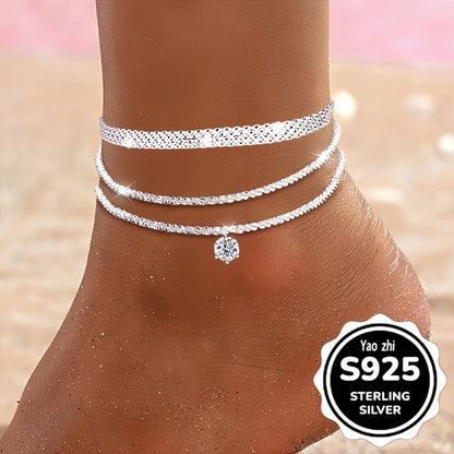 Anklet for Women - Sterling Silver Set for - 3Pcs Sparkling Zirconia Wave & Braided Chain - product detail view 3