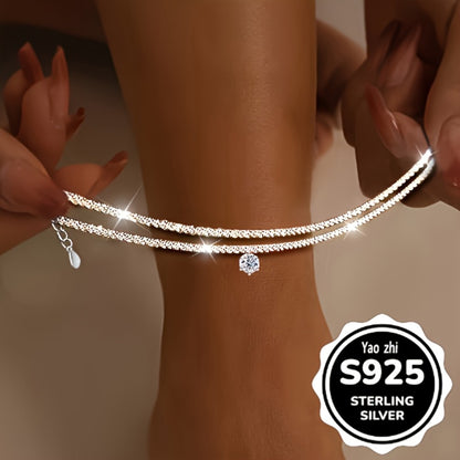 Anklet for Women - Sterling Silver Set for - 3Pcs Sparkling Zirconia Wave & Braided Chain - product detail view 4