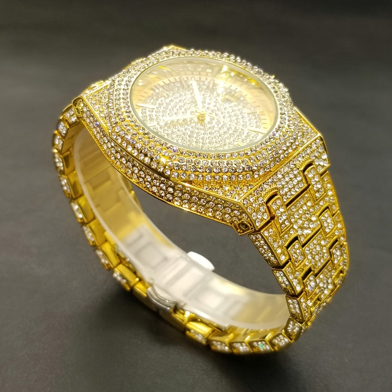 MISS FOX Glam Quartz Watch for Men & Women - Hip Hop Cuban Link, Luminous Calendar with Rhinestone Accents, Alloy Band