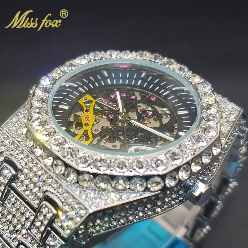 Luxury Automatic Mechanical Watch for Men's Hip-hop Brand MISSFOX Steel All Ice Rhinestone Jewelry Golden Watch for Fashionable Men's New Style