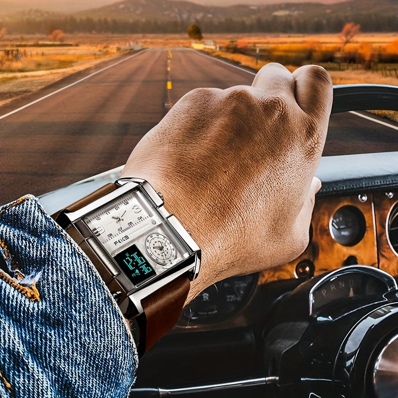 FEICE Fashion Business Men's Watch Digital LED Analog Quartz Watch 50mm Large Dial Square Men's Watch Multifunctional Sports Men's Watch Luminous Alarm Clock Timer 24H Calendar Cowhide Strap Men's Gift FK030