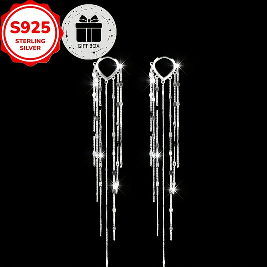 925 Sterling Silver Tassel Earrings for Women - Long Boho Platinum-Plated Dangle Earrings with Gift Box, Elegant Wedding, Banquet & Christmas Party Jewelry