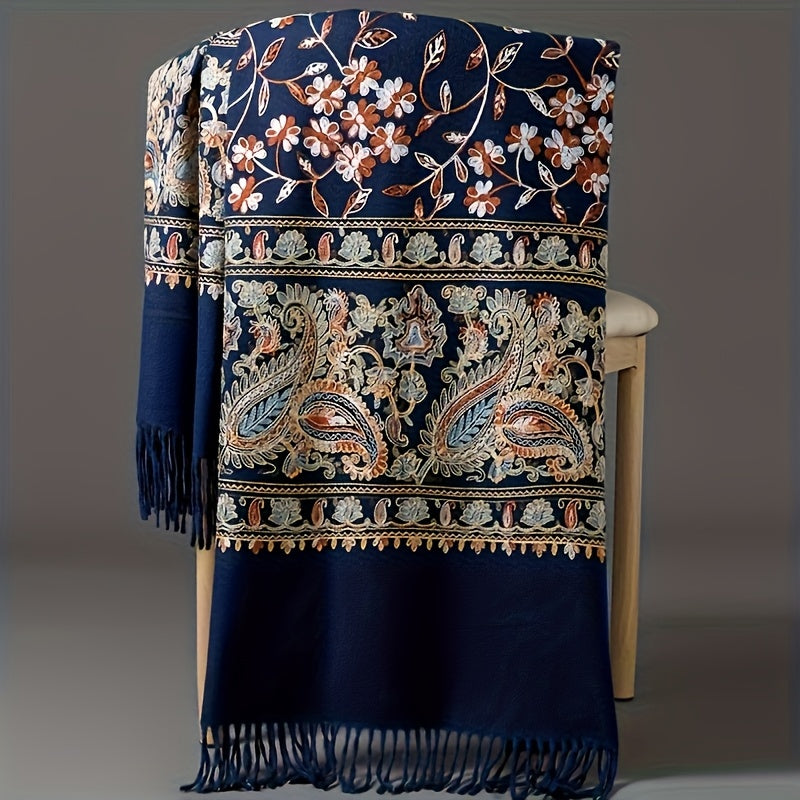 Women' Bohemian Cashmere Shawl Scarf - Vintage Paisley Embroidery Suitable for Spring/Fall, Lightweight Warmth with Tassel Trim, Navy/Orange/White Retro, Hand Washable for Casual & Outfits (Multi-Color Options)