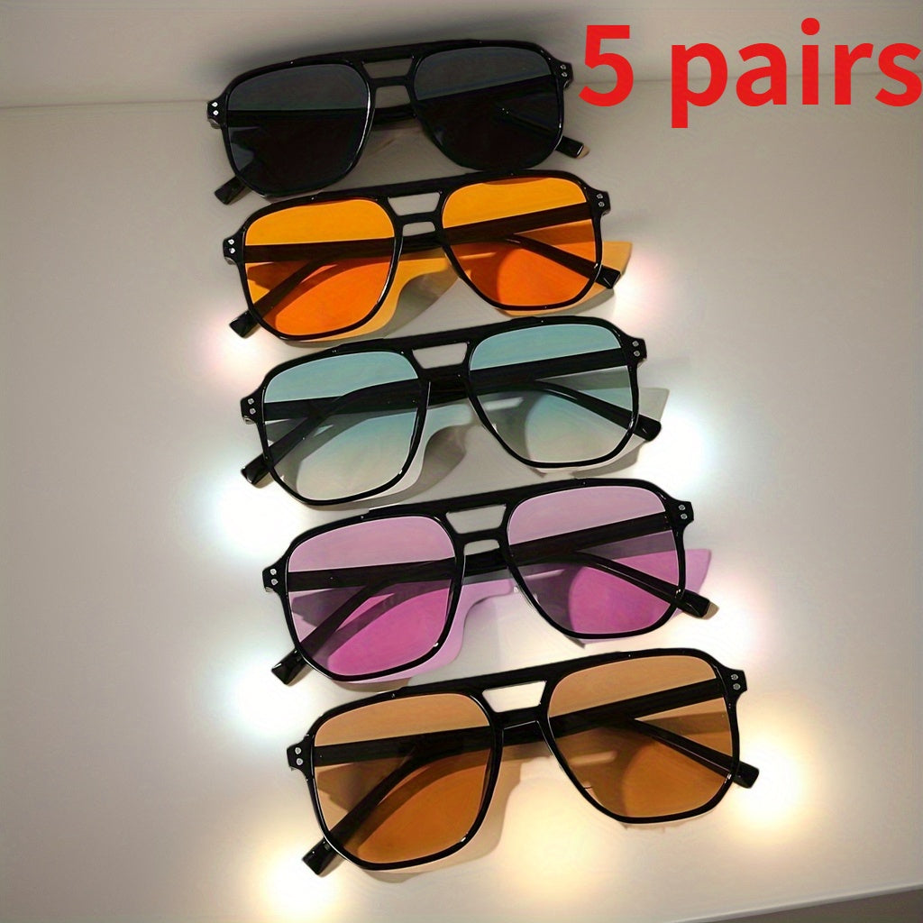 Pilot Sunglasses 5 Pack Men Women Large Square PC Frame Multicolor Lenses Fashion Casual Glasses Bulk Set for Daily Wear Office Outdoor Travel Party