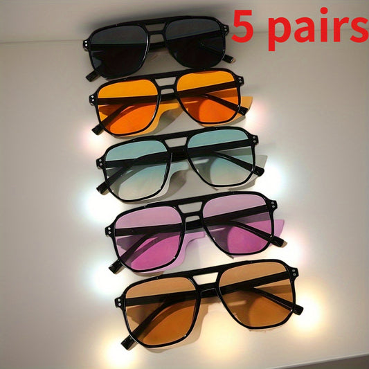Pilot Sunglasses 5 Pack Men Women Large Square PC Frame Multicolor Lenses Fashion Casual Glasses Bulk Set for Daily Wear Office Outdoor Travel Party