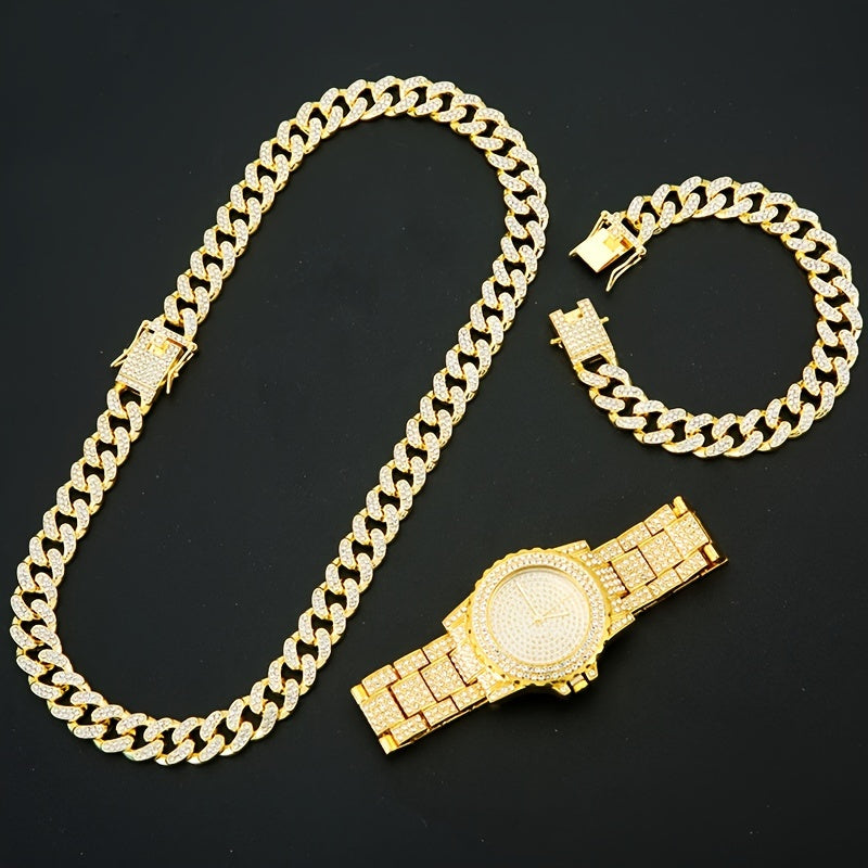 Men's Punk Watch & Jewelry Set 4-Piece – Quartz Watch, Cuban Chain Necklace, Bracelet & Cross Necklace with Rhinestone Details, Bold Gift for Him