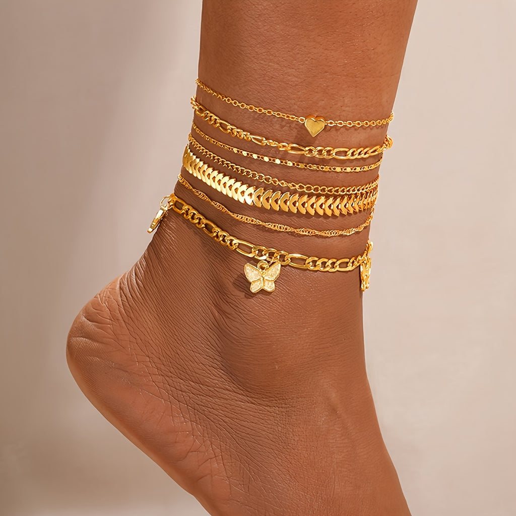 Set of 22 Easy Faux Pearl Anklets Featuring Geometric Designs, Butterfly Twists, And Love Star Chains, Perfect for Women'S Daily Wear, Light Luxury, Parties, Beach Vacations, Dates, And Gifting