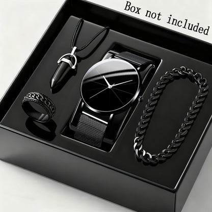 Men's Watch & Bracelet Set 4pcs - Stainless Steel Quartz Watch, Bracelet & Necklace Bundle, Elegant Business Casual Jewelry Gift Set for Men